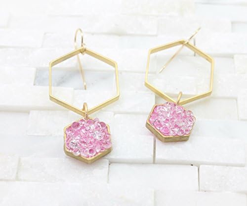 Long Dangle Blush pink Earrings- hexagon- Gold-Plate