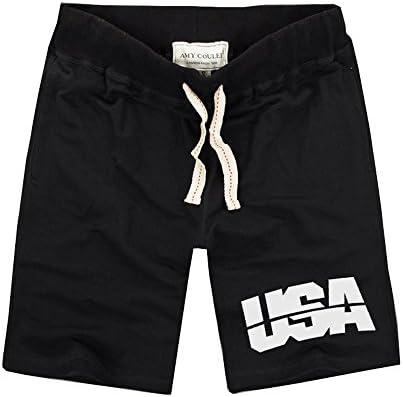 LOG SWIT Summer Men Pure Cotton USA Printing Shorts Elastic Waist Drawstring Shorts Male Fitness Shorts Black L