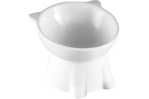 PIN FOREST Ceramic Elevated Cat Bowls-Water Bowl, 15° Tilted Design, Anti-Vomiting & Spine Protection, Prevent Whisker Fatigue for Kittens to Adult Cats and Small Dogs (White-Cat Shape-1)