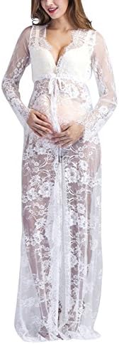 Yomoko Sexy Deep V-Neck Long Sleeve Lace Beach Dress See-through Maxi Dress