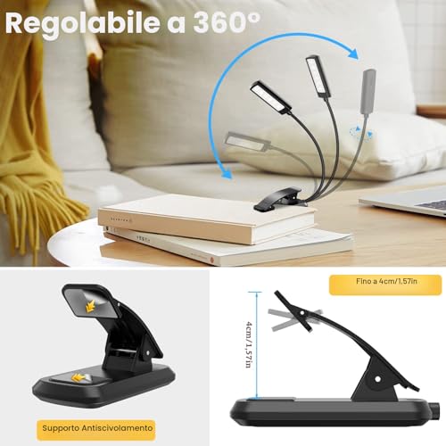 TEAMPD 10 LED Reading Light, 3 Bright Colors Eye Protection, Adjustable Brightness, USB Rechargeable, 12H Battery Life, Flexible Clip for Reading, Painting, Travel