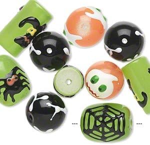 Halloween Glass Beads - Set of 10 - Witch Boot, Spider, Ghost, Web