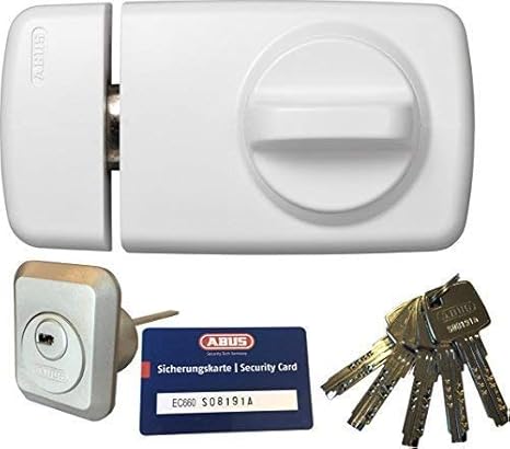 ABUS Tür-Zusatzschloss 7010 W weiß, EC660, Kastenschloss mit Drehknauf, mit 5 Schlüssel und Sicherungskarte, Ausführung EK (M