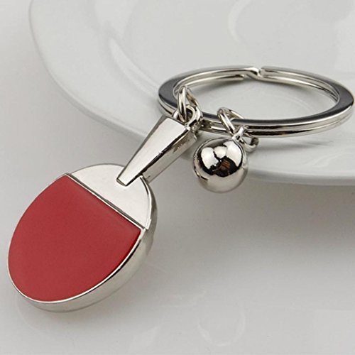 Pingpong Bat Ball Table Tennis Racket Keychain Car Key Chain Decor Ring Gift - Silver + Red