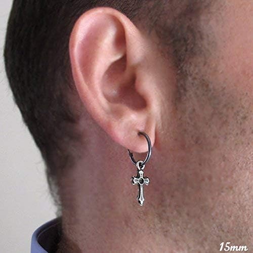 Mens Hoop Earring with Cross Pendant for Men Single Black Mens Earring