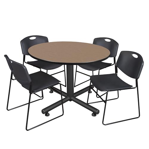 Regency Kobe 48" Round Breakroom Table- Noble Oak & 4 Zeng Stack Chairs- Black