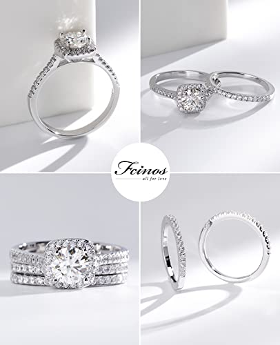 FCINOS Moissanite Engagement Rings, S925 Sterling Silver Wedding Rings Bridal Rings Set for Women, 18K White Gold Plated Halo Eternity Promise Ring 1CT D Color