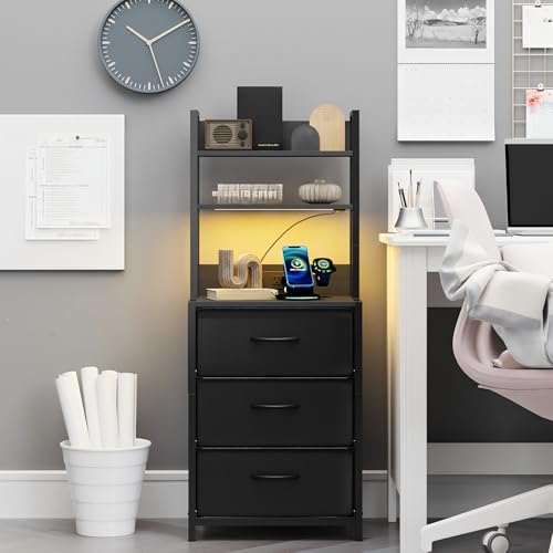 Simple Wisdom Buros para recamara -Mesita De Noche de 6 Niveles,3 cajones Mesa Auxiliar con Estación De Carga de 2 enchufes y Puertos USB y Tira de luz LEDcajón de Tela de Cuero*3. (Negro)