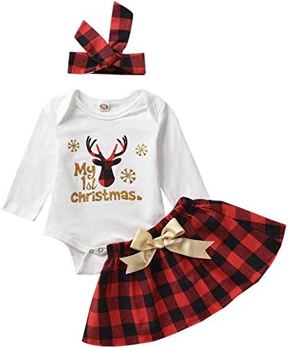 Baby Girl Clothes My 1st Christmas Bodysuit+Plaid Skirt+Headband 3PCS Outfits