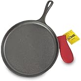 Lodge Cast Iron Round Griddle with Red Silicone Hot Handle Holder, 10.5-inch