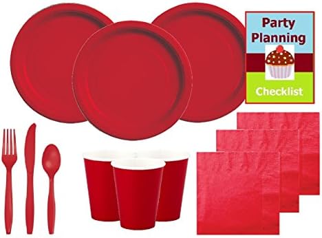 Christmas Red Party Supply Pack for 20 Guests - Plates, Napkins, Cups, Cutlery &amp; Party Planning Checklist