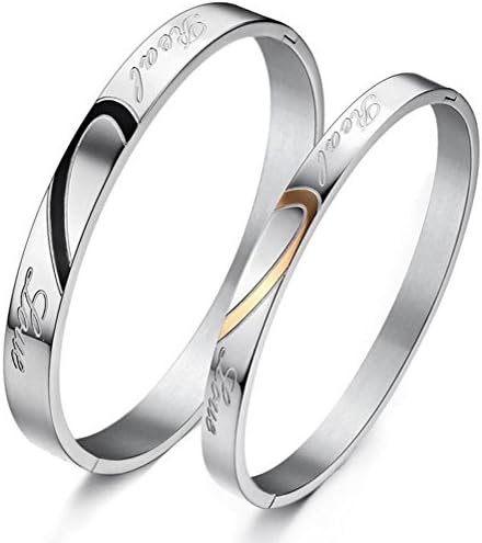 A Pair His and Hers Matching Heart Engraved "Real Love" Stainless Steel Couple Bangles Bracelets