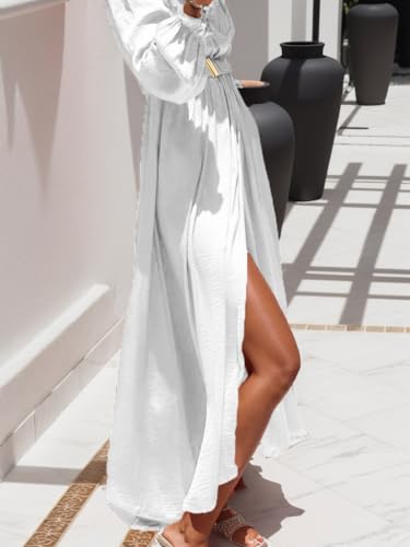 ZADORN SUMMER DRESSES FOR WOMEN 2024 CASUAL BEACH WEDDING GUEST DRESSES FOR WOMEN MAXI SUNDRESSES V NECK 3/4 SLEEVE SPLIT HEM ELASTIC WAIST BELTED WRAP PARTY COCKTAIL TRAVEL VACATION OUTFIT WHITE