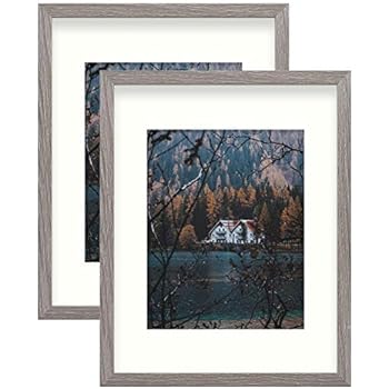 Frametory, 11x14 Grey Frame - Ivory Mat for 8x10 Photo - 2 Set - Smooth Wood Grain Finish - Sawtooth Hangers, Real Glass - Landscape/Portrait, Wall Display