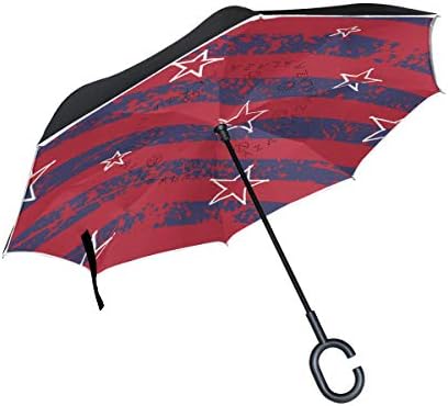 Lines And Stars Double Layer Windproof UV Protection Reverse Umbrella With C-Shaped Handle Upside-Down Inverted Umbrella For Car Rain Outdoor