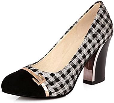 SYJO Women's Classic Checkered Dress Block High Heels Pumps Shoes