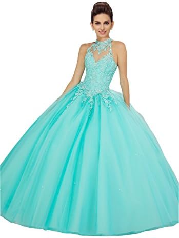 Fanny Womens 2017 Quinceanera Dresses Neck High Applqiue Lace Beads Sequin Bandage Ball Gown Prom Dress For Sweet 16 Aqua 8