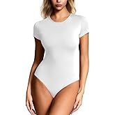 Mobeso Women's Double-Lined Round Neck Short Sleeve Bodysuit Seamless T-Shirt Body Suits Basic Tops for Women