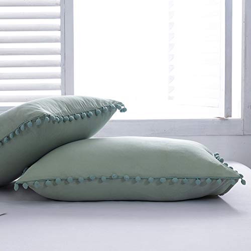 MOVE OVER Sage Green Pom Poms Pillow Case, Green King Pillowcases Set of 2, 100% Washed Microfiber, Sea Green Ball Fringe Pillow Shams King 2 Pack (King, Sage Green)