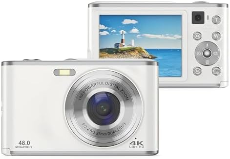 Yunir Digital Camera, HD 1080P Kids Camera, 48MP, 2.4in IPS Display, 16X Zoom, Anti Shake, White