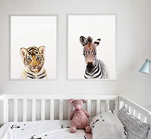 QINGRENJIE Safari Baby Animals Canvas Poster Nursery Lion Tiger Wall Art Print Modern Animal Painting Nordic Kid Bedroom Decoration Picture 2 Pieces 40X50Cm*2 Without Frame