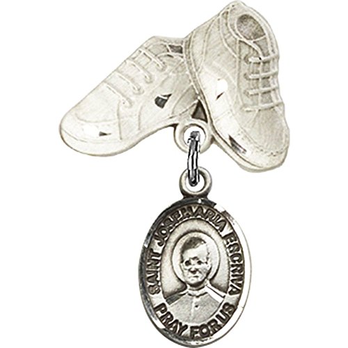 Sterling Silver Baby Badge with St. Josemaria Escriva Charm and Baby Boots Pin 1 X 5/8 inches