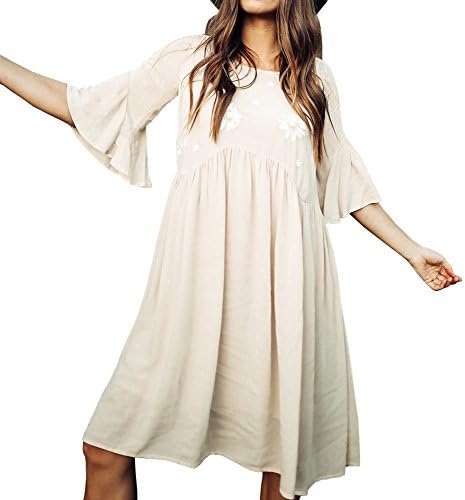 Faisean Women Embroidered Floral Bohemian 3/4 Bell Sleeve Vintage Mexican Casual Swing Tunic Midi Dress