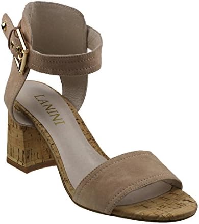 LANINI DE35 Women's Suede Ankle Strap Cork Block Heel Open Toe City Heeled Sandals, Color:NUDE, Size:39 M EU