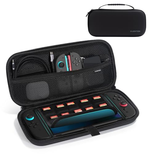 LENTION Capa para Switch 2 com Caixa de Proteção, Resistente à Água, Capa Rígida, Acomoda 10 Cartões de Jogo, Leve com Alça, Bolsa de Malha para Acessórios (Exclusivo para Switch 2, (Preto)