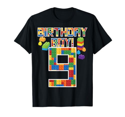 Cute 9th Birthday Gift 9 Years Old Block Building Boys Kids T-Shirt