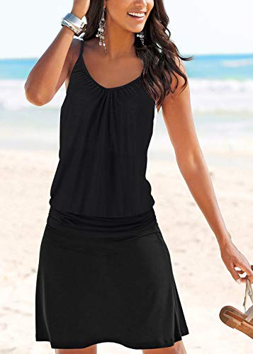 Jusfitsu Women's Summer Casual Dress Strappy Cotton Midi Beach Dresses Print Flare Beachwear Stretchy Black M