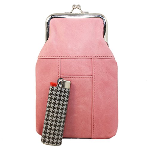 Womens Leather Cigarette and Lighter Case with Twist Clasp Pink