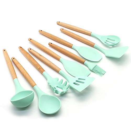 Silicone Kitchen Utensils Set Nonstick Cooking Tools With Natural Wooden Handle 9 Piece As A Set (Light Green)