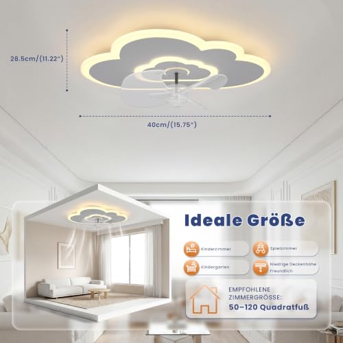 AOLED Ceiling Fan with Lighting LED Cloud Ceiling Light with Fan 6 Speeds Remote Control Quiet Dimmable Fan Ceiling Lamp for Bedroom Children's Room 50 W 50 cm