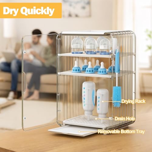 GOGOBAO Baby Bottle Organizer,Clear Baby Bottle Storage Organizer for Countertop and Cabinet,with Drying Rack and Hook,Space-Saving,Multifunctional Station Organizers Accessories