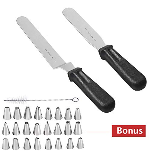 PUCKWAY Cake Decorating Icing Spatula set of 6 8 Inch Black Stainless Steel Frosting Spatulas, 24 Stainless Steel Baking Frosting Piping Tips with Cleaning Brush - Thumbnail 7