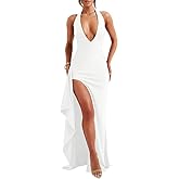 LAGSHIAN Women's Sexy Deep V Neck Halter High Split Backless Cocktail Party Formal Maxi Dress