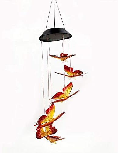LINGBUSINESS Butterfly Solar Wind Chimes Outdoor Color Changing Waterproof LED Mobile Light Spiral Spinner Home Garden Patio Yard Decor Garden Festival Decorative Indoor Outdoor, Maple Red Butterfly