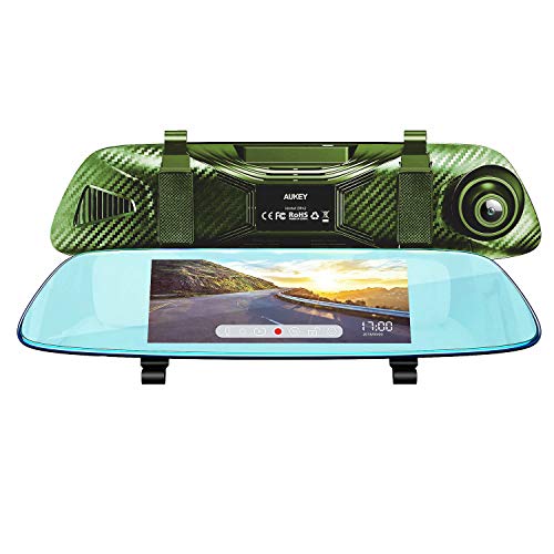 AUKEY Dash Cam Mirror 6.8" LCD Touchscreen Car Camera with Backup Camera and Parking Mode 1080p 170° Front Camera and 720p 160° Water-Resistant Rear Camera-Green
