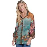 John Mark Womens Mix Print Button Front Top with Three Quarters Ruffle Detail Sleeves
