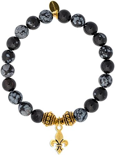 EvaDane Natural Snowflake Obsidian Gemstone Rope Bead Fleur de Lis Charm Stretch Bracelet