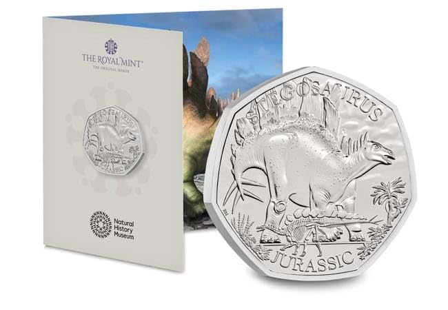 CrawleyCoins 2024 Dino – 02 Stegosaurus Dinosaur 50p Brilliant Uncirculated Coin in Mint Pack