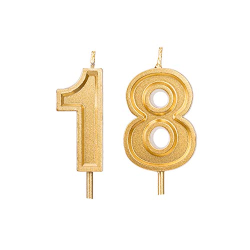 Qj-solar 2.76 inch Gold Number 18 Birthday Candles,18th Cake Topper for Birthday Decorations