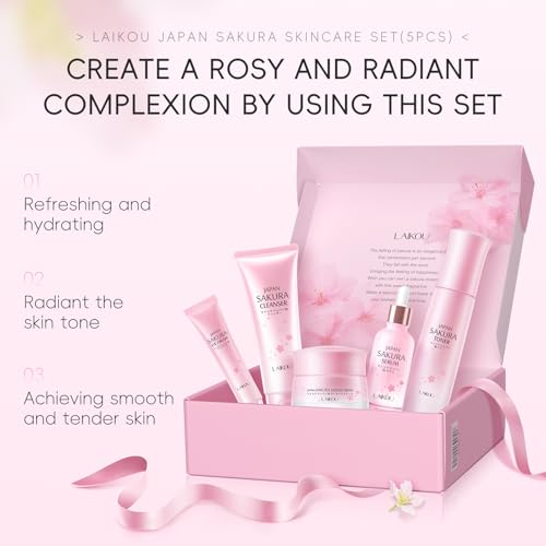 LAIKOU Sakura Skincare Set - 5-Piece Set with Cleanser, Toner, Serum, Eye Cream, and Essence Cream for Hydrating, Smoothing & Even Skin Tone for All Skin Types