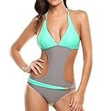 Locryz Women's Sexy One Piece Cut Out Swimsuit Halter Backless Patchwork Monokini Swimwear (Plus Size Available)