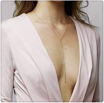 SEUSUK Y Necklace Gold Dainty 14K Gold Fill Bar Pearl Drop Pendant Bead Adjustable Y Shaped Simple Delicate Handmade Gold Jewelry for Women Gift