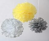 6 Mixed White Gray Yellow Party Tissue Pompoms Paper Flower Pom Poms Wedding Birthday Nursery Baby Room Decoration Favor