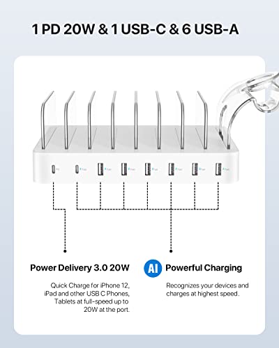 SooPii 8-Port USB-C Charging Station for Multiple Devices, with 1 PD 20W Port Supports Fast Charging, 8pcs Mixed Charging Cables and 1pcs Upgraded Holder for lWatch Charger & Air-Pods, White
