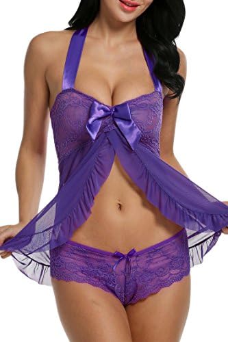 Cralove Women Sexy Nightwear Halter Lace Strap Chemise Babydoll Lingerie Set (X-Large, Purple)