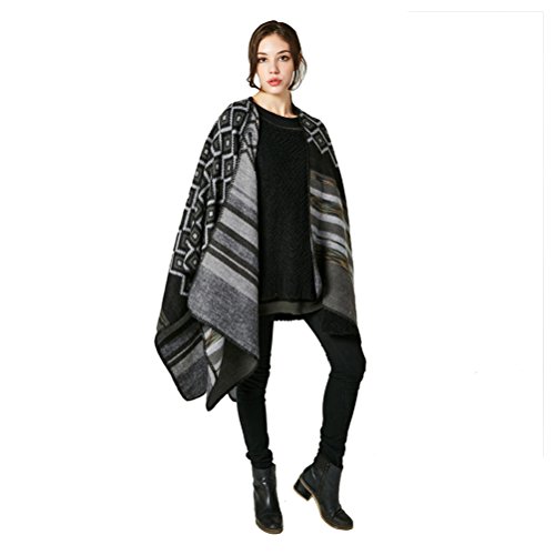 Poncho，Jelinda Women's Reversible Tassel Hem Batwing Sleeves Cape Poncho Cloak Jumper (Black) - Thumbnail 2